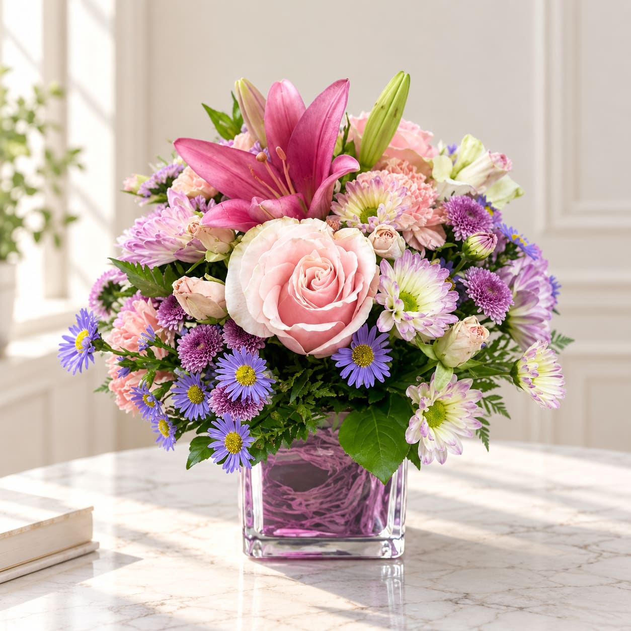 Pink and purple mixed bouquet in a square glass vase