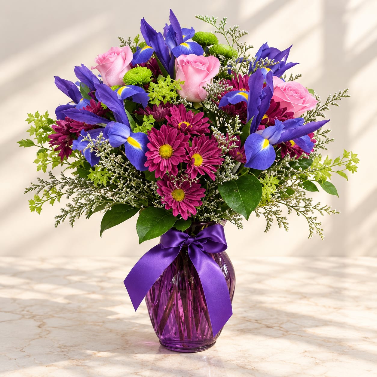 Bouquet of pink roses, purple irises, and magenta daisies in a purple vase