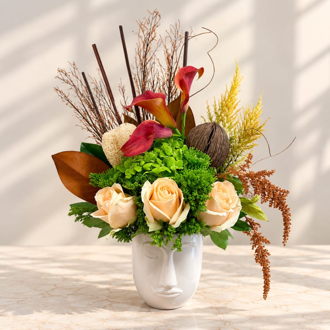 Arrangement of peach roses and red calla lilies in a white face vase