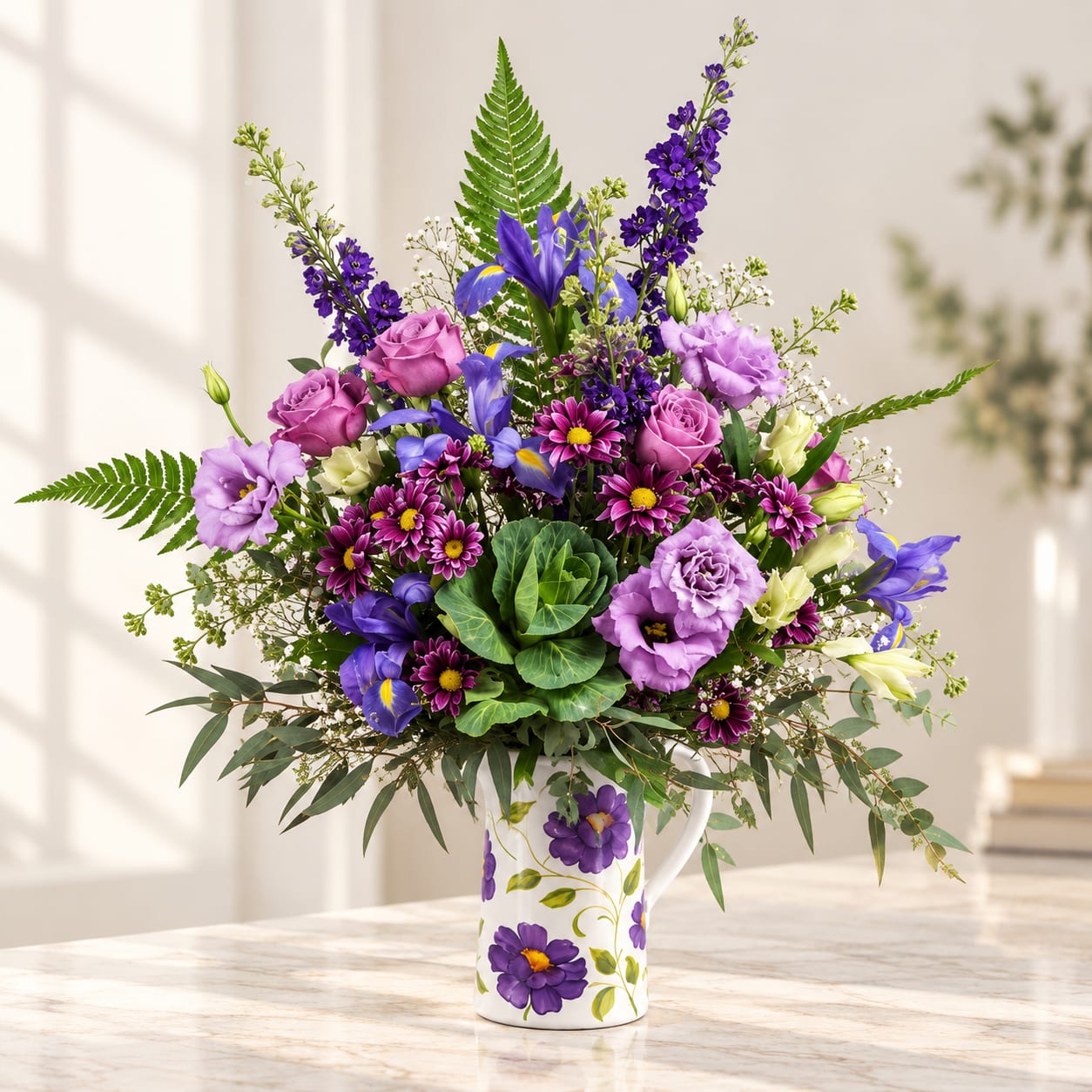 Purple and lavender mixed bouquet in a painted ceramic pitcher