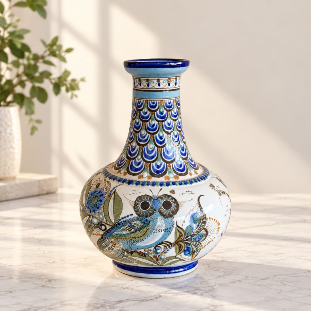 Decorative blue and white ceramic vase with owl and floral patterns