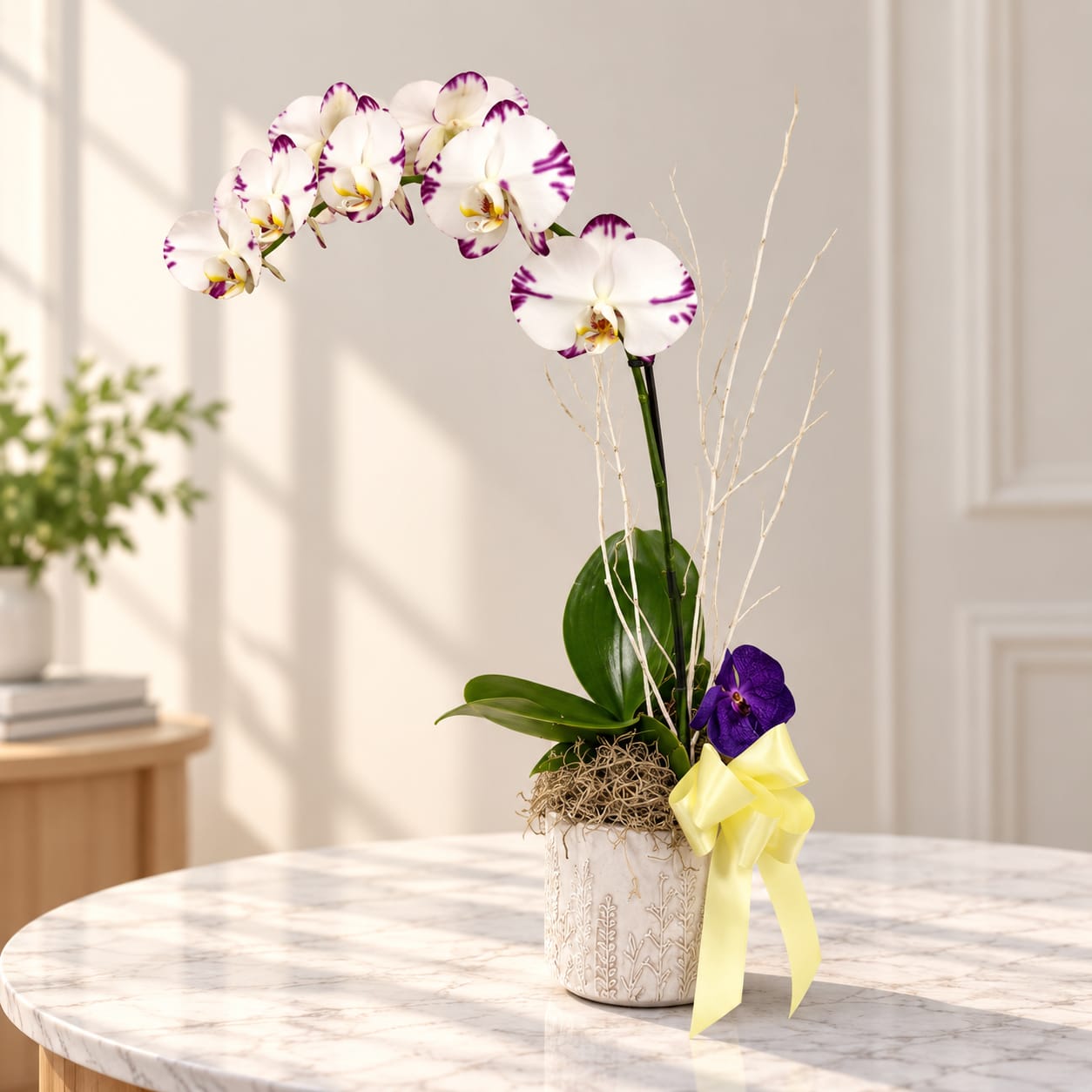 White orchid arrangement with purple accents in a decorative pot