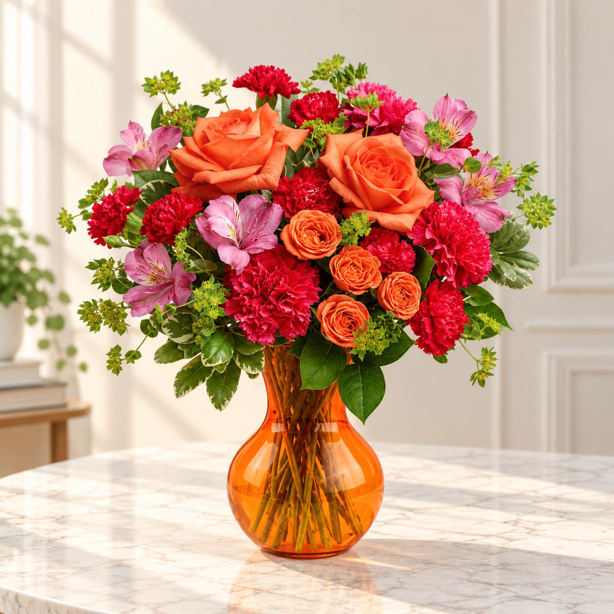 Orange and pink mixed flower bouquet in an amber glass vase