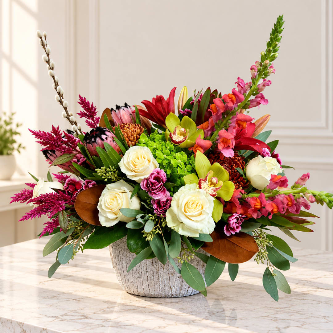 Mixed floral arrangement in a textured white vase with cream roses and bright pink blooms
