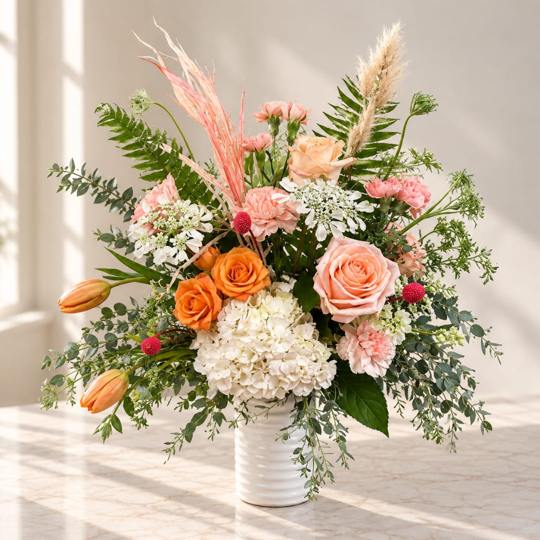 Mixed bouquet of peach, orange, and white flowers in a white vase