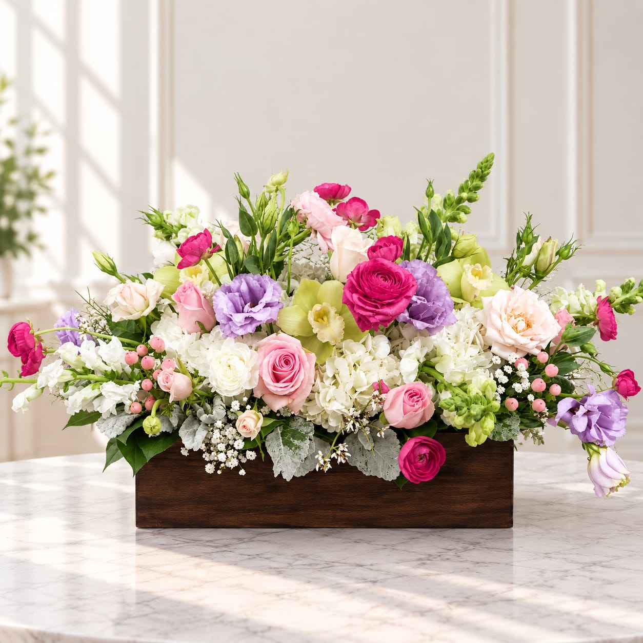 Mixed pink, purple, and white flowers arranged in a wooden box