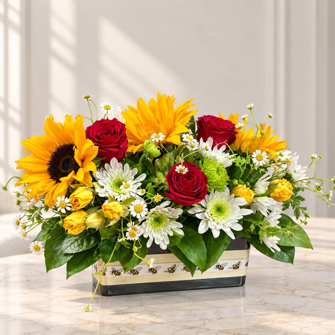 Sunflower and rose arrangement in a rectangular vase with daisies