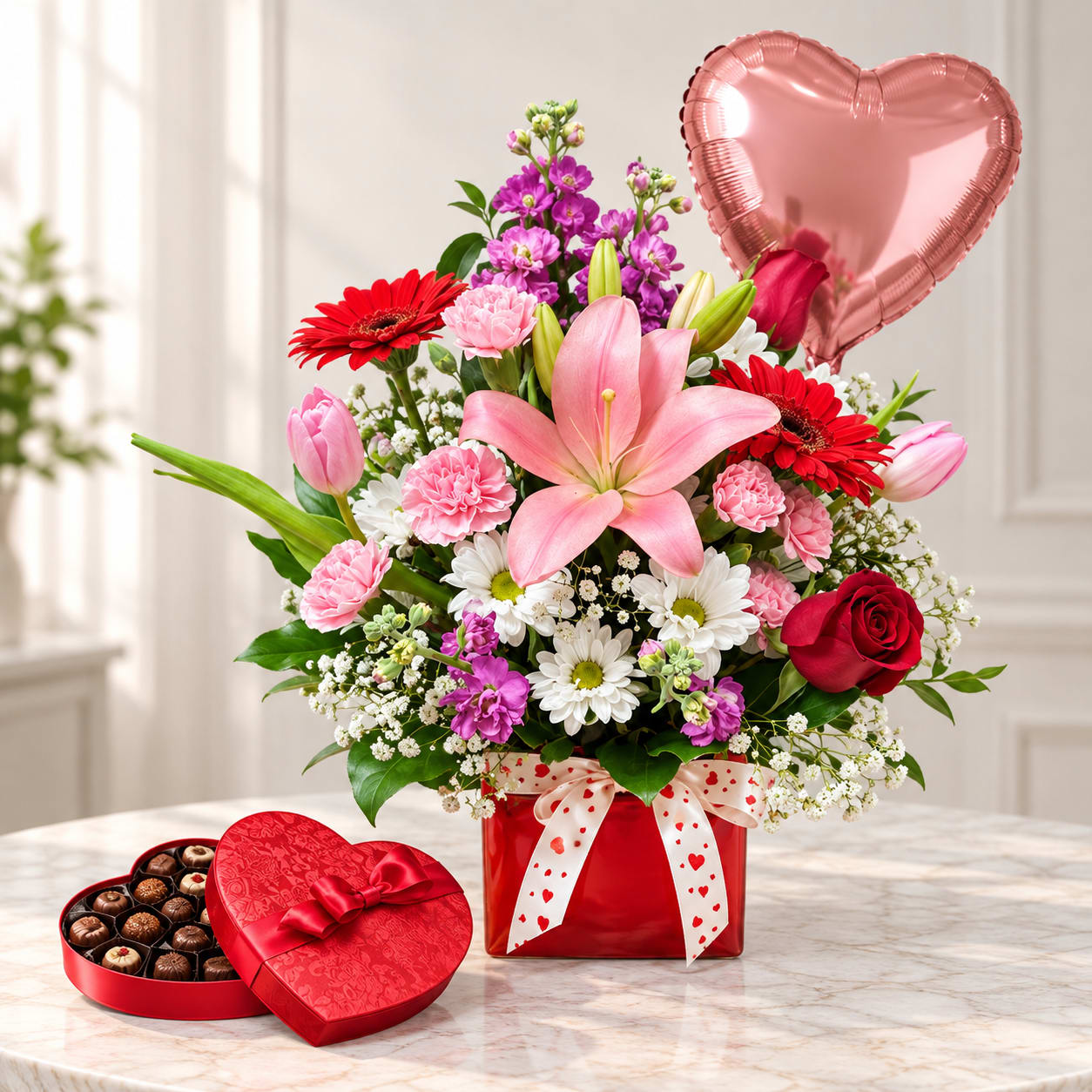Mixed bouquet in a red box with a heart balloon and chocolate box beside it.