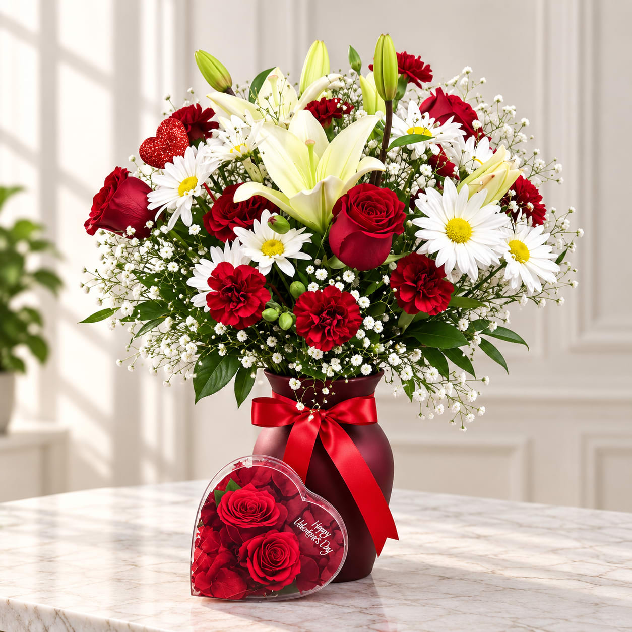 Red and white mixed bouquet in a vase with a heart-shaped rose box in front