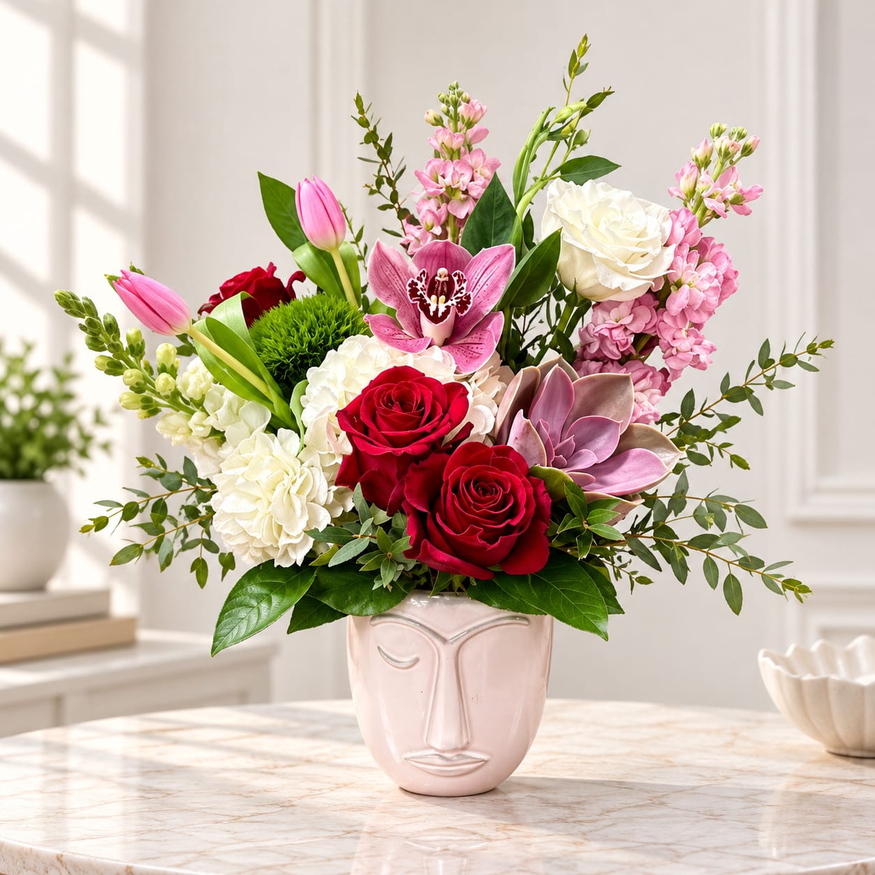 Mixed bouquet of roses, tulips, orchids, and hydrangeas in a pink face vase