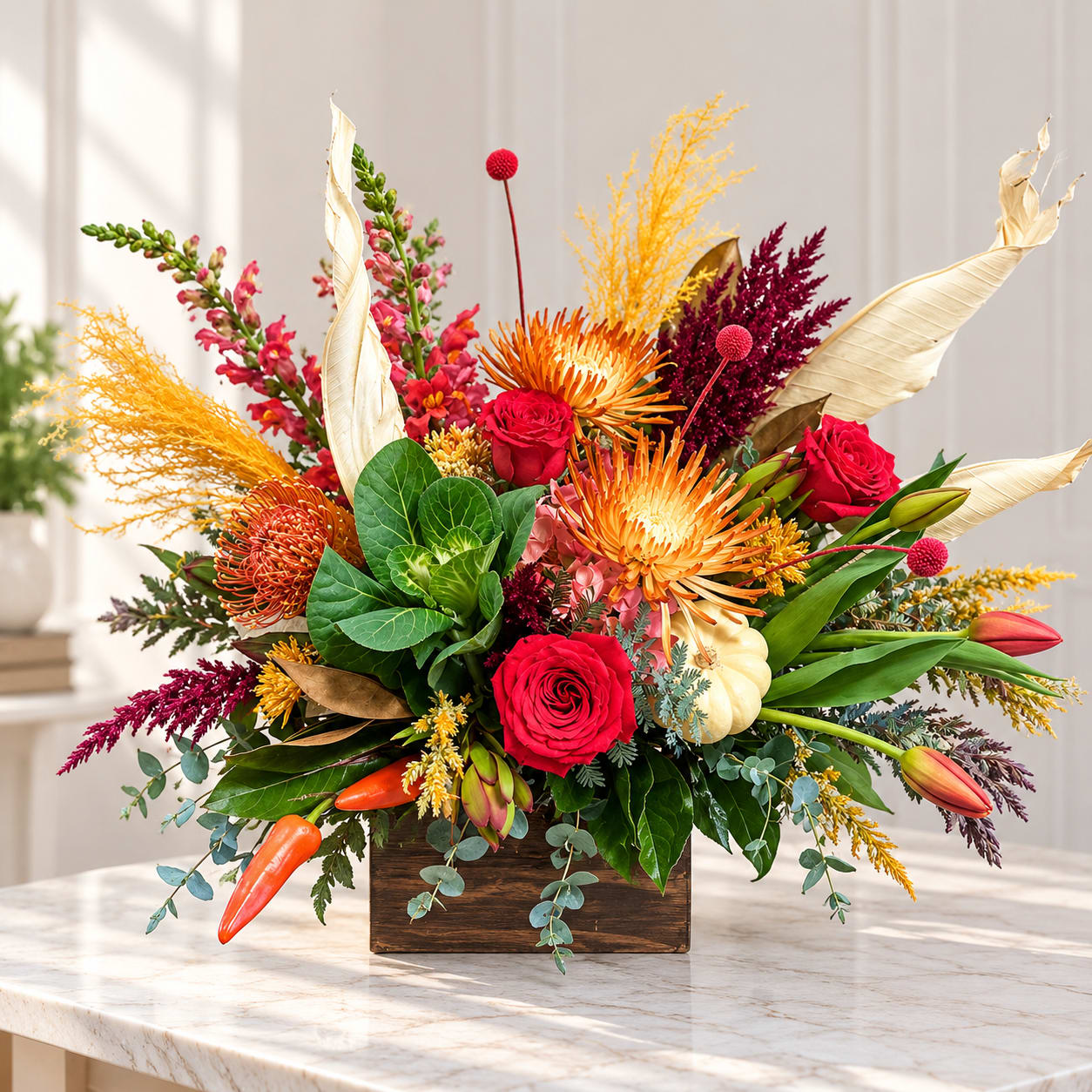 Bright mixed floral arrangement in a wooden box with red roses and orange blooms