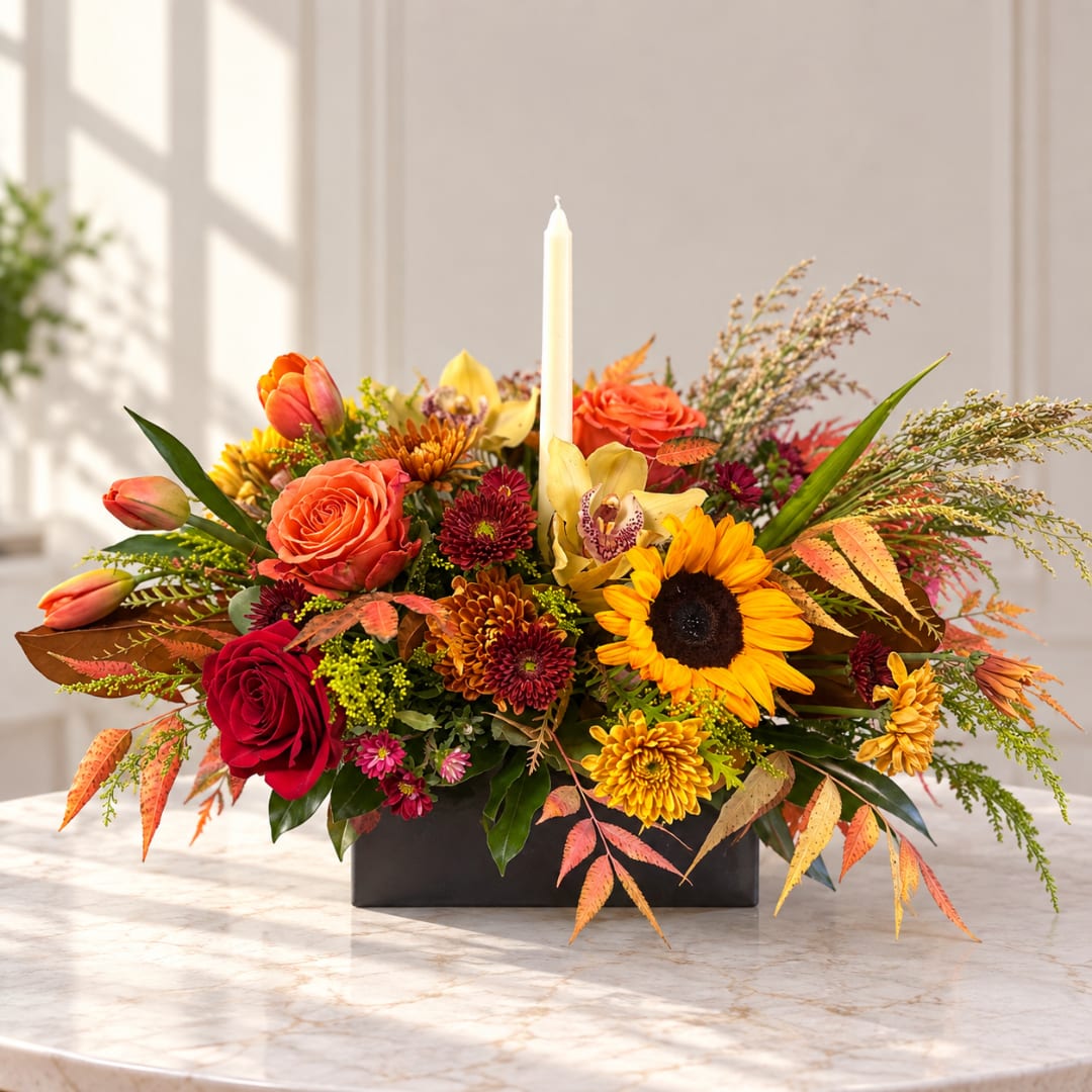 Autumn floral centerpiece with roses, sunflowers, and a candle in a black container