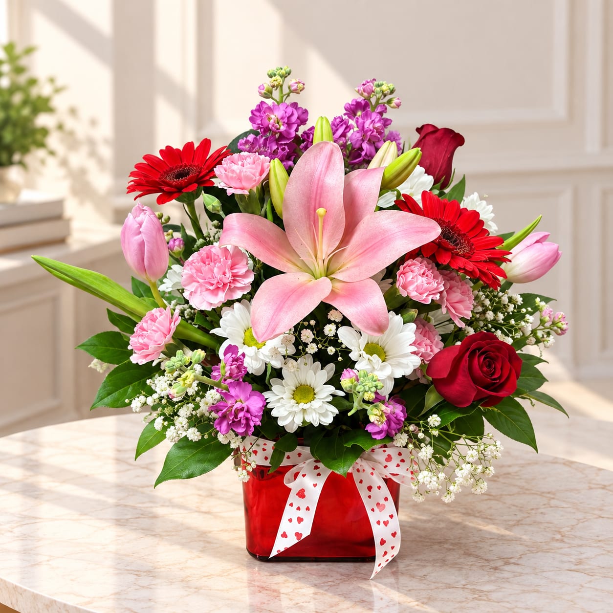 Mixed bouquet with pink lilies, red roses, and daisies in a red vase