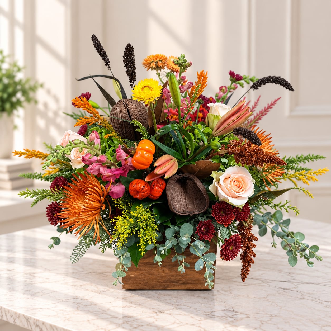 Autumn floral arrangement in a wooden box with orange, yellow, and burgundy blooms