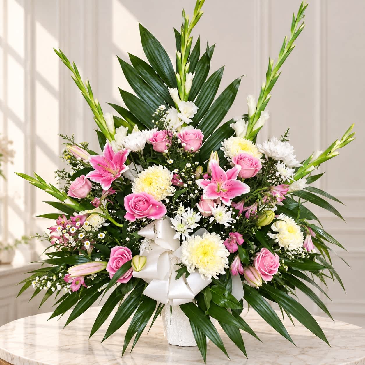 Pink and white floral arrangement in a white vase with a ribbon