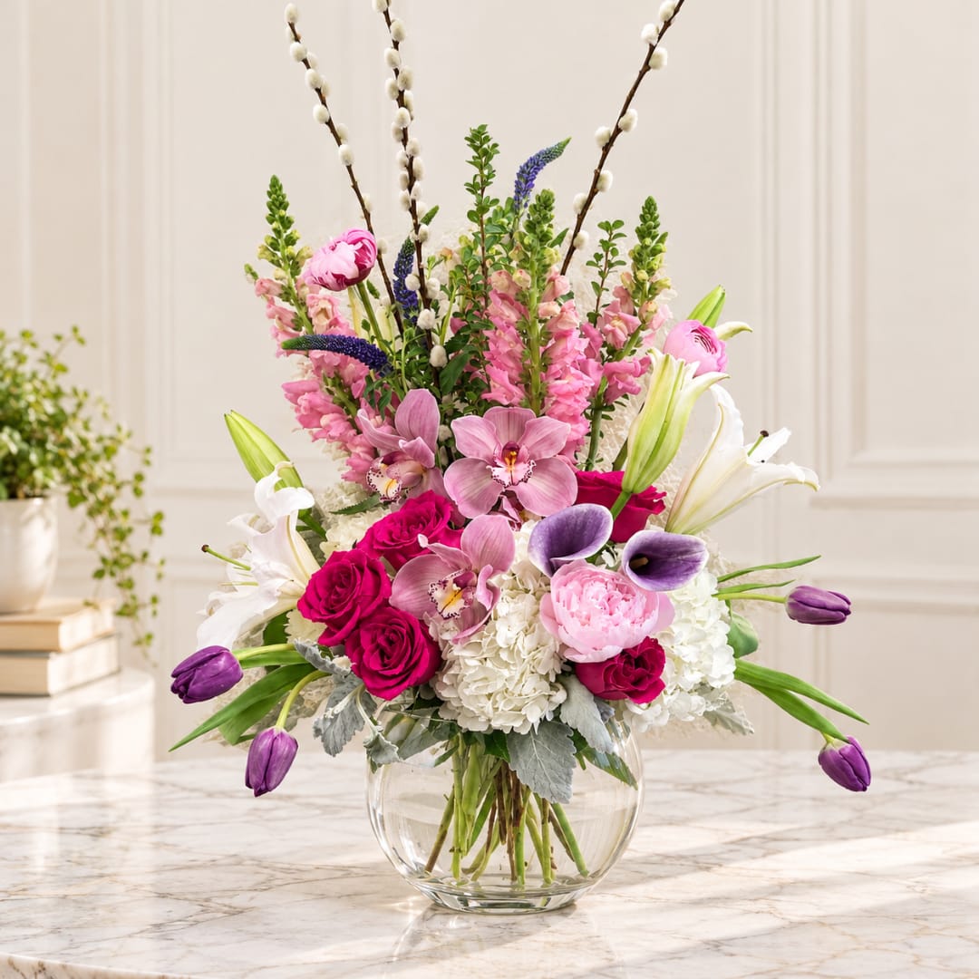 Pink and white floral arrangement in a clear glass vase