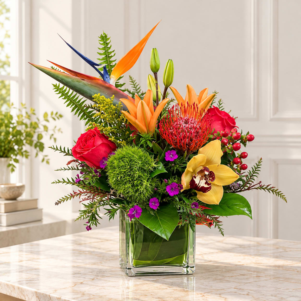 Tropical flower arrangement in a clear square vase with lilies, roses, and orchids