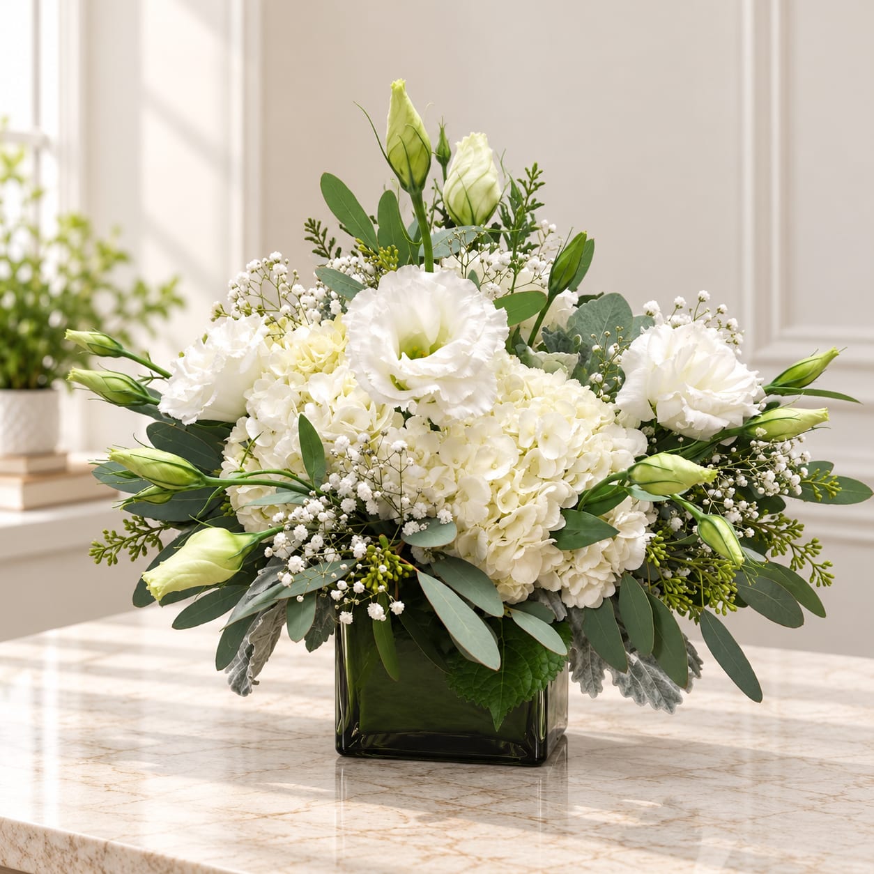 White floral arrangement in a square glass vase with green buds and foliage