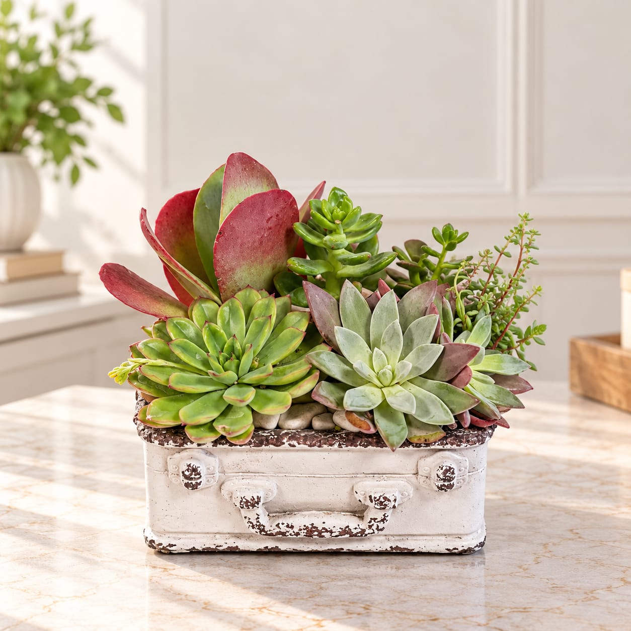 Succulent arrangement in a distressed white suitcase-style planter