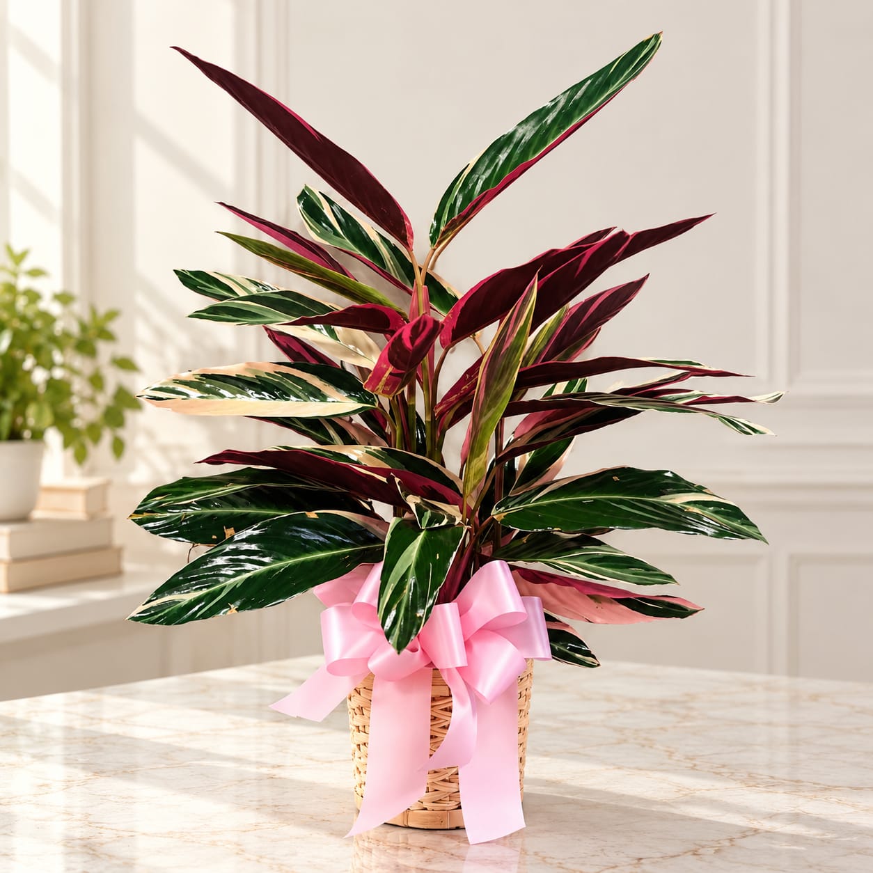 Potted tropical plant with variegated leaves in a wicker basket tied with a pink ribbon
