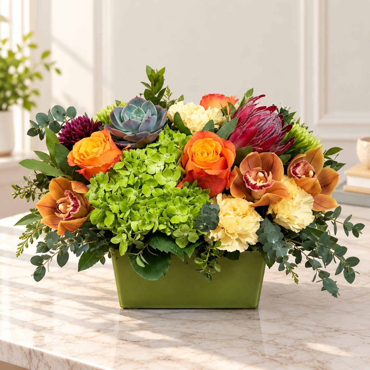 Colorful floral arrangement in a green rectangular container with roses and orchids