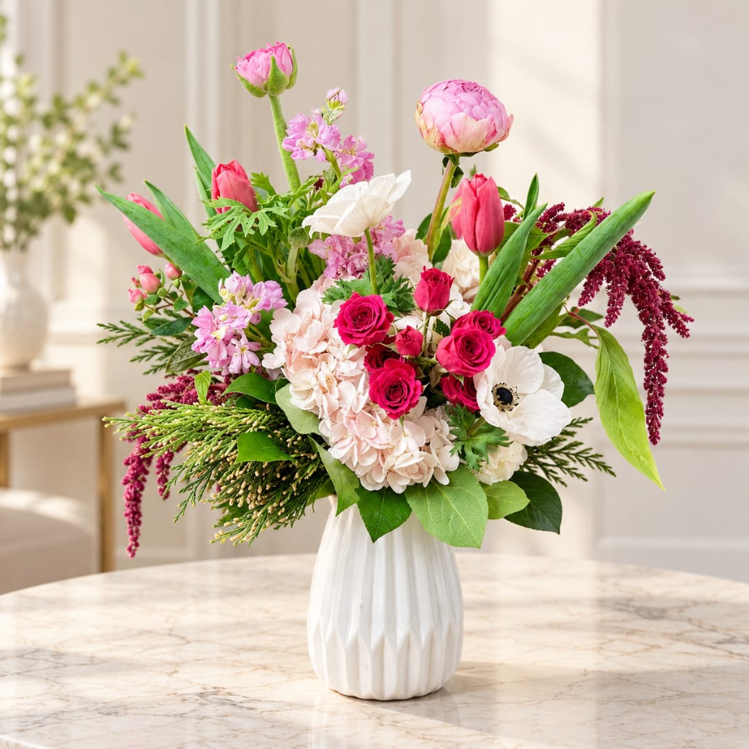 Mixed pink and white floral arrangement in a white vase