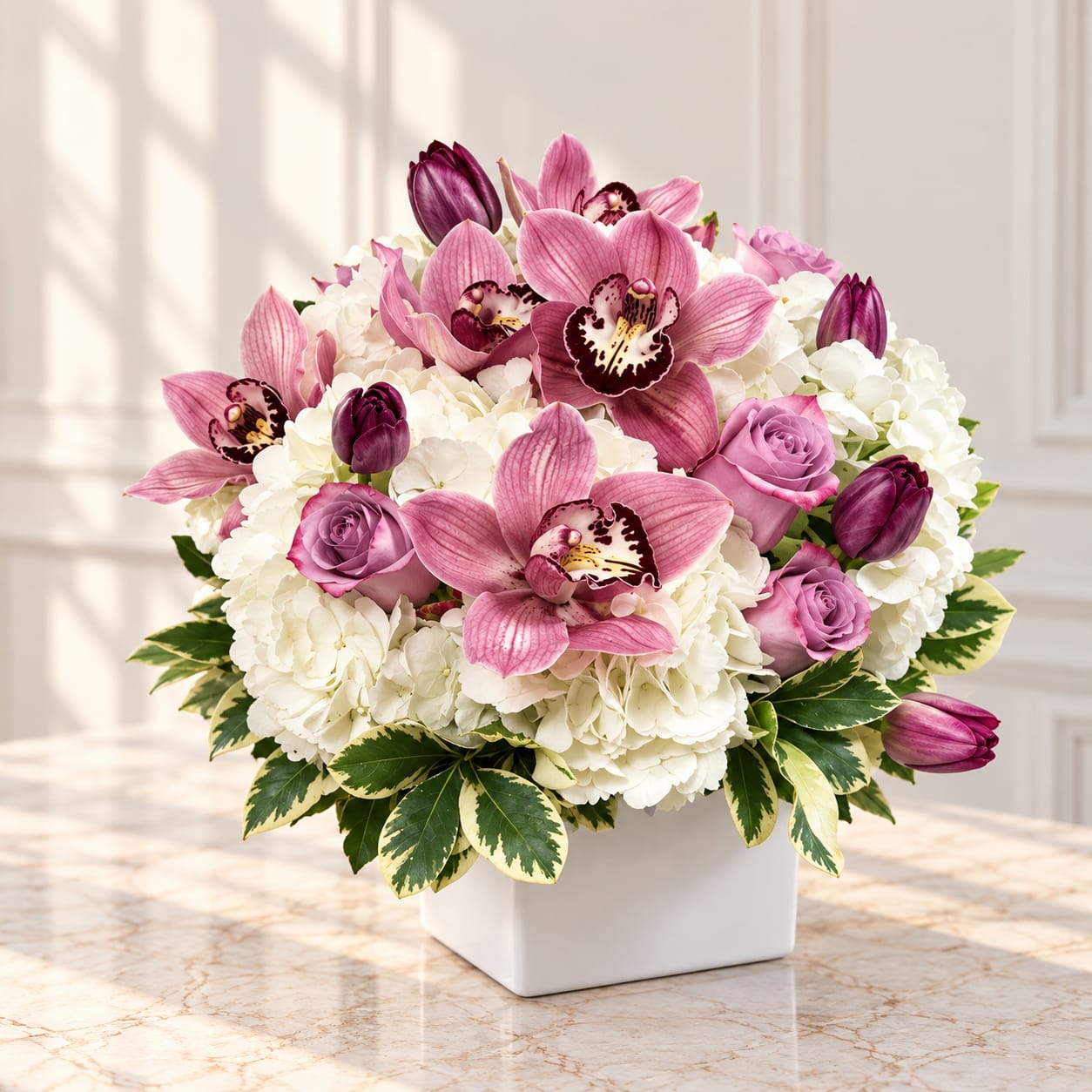 Pink orchids and roses arranged in a white square vase