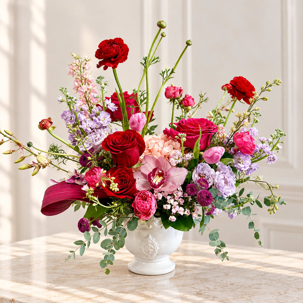 Mixed bouquet of red, pink, and lavender flowers in a white vase