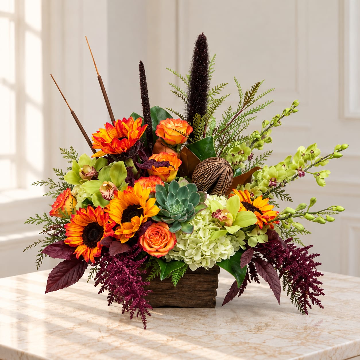 Bright mixed floral arrangement in a wooden container with sunflowers and orchids