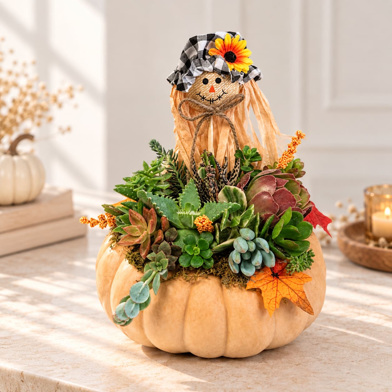 Succulent arrangement in a pumpkin container with a scarecrow topper