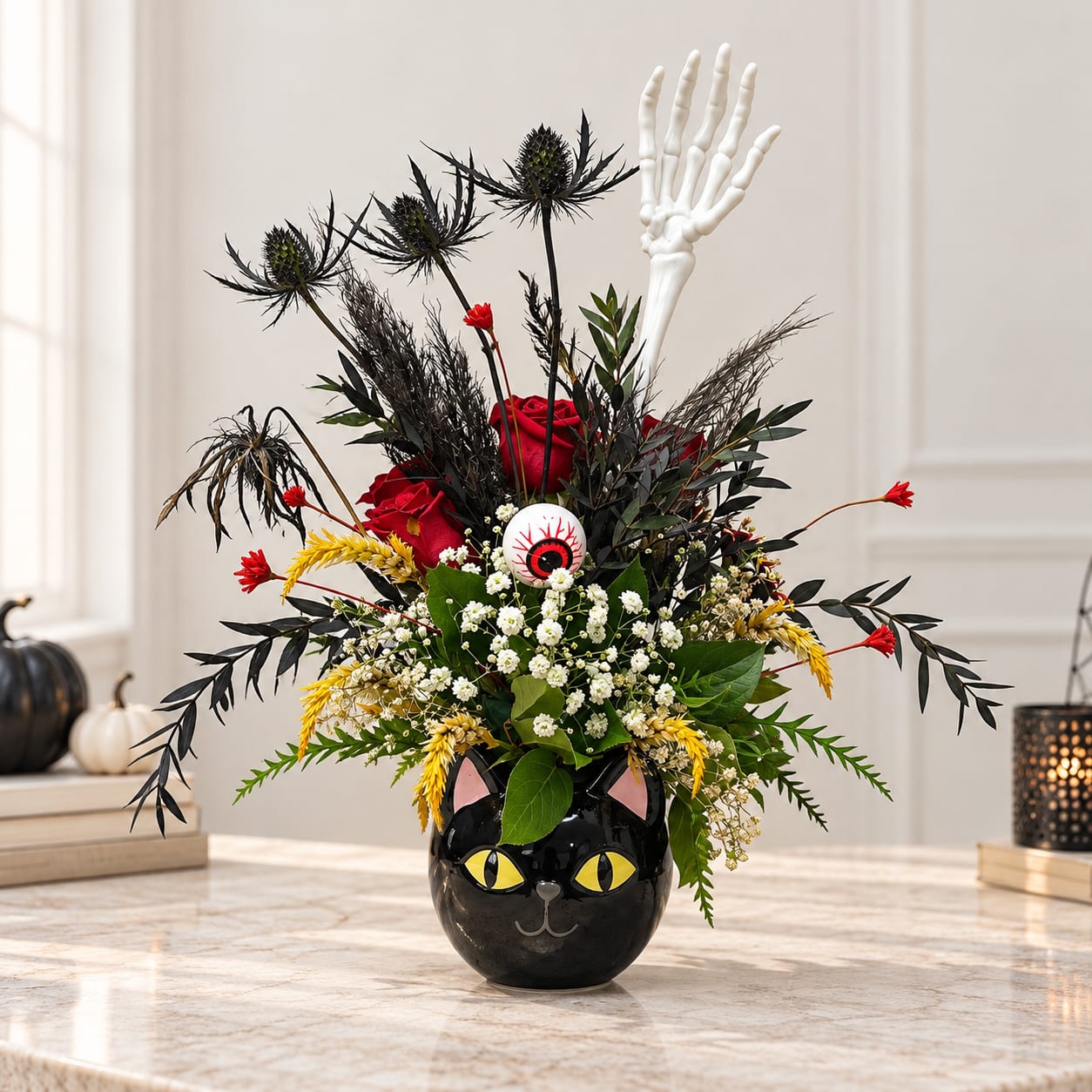 Halloween bouquet in a black cat vase with a skeleton hand topper