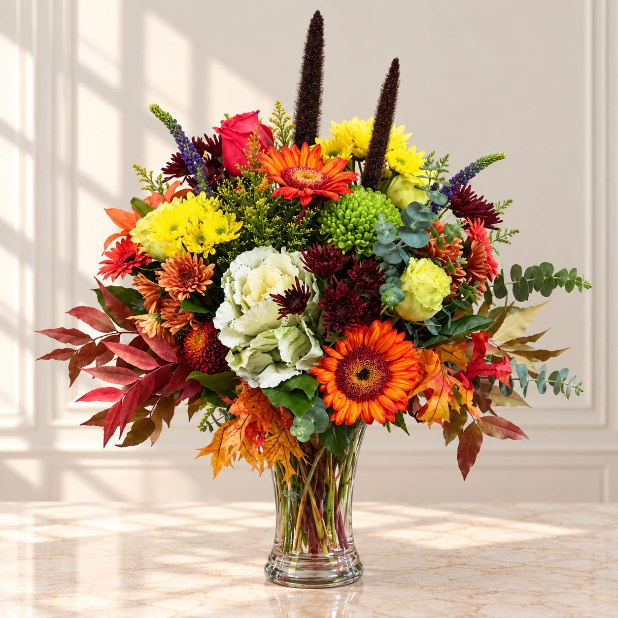 Mixed bouquet in a clear glass vase with orange, yellow, red, and white blooms