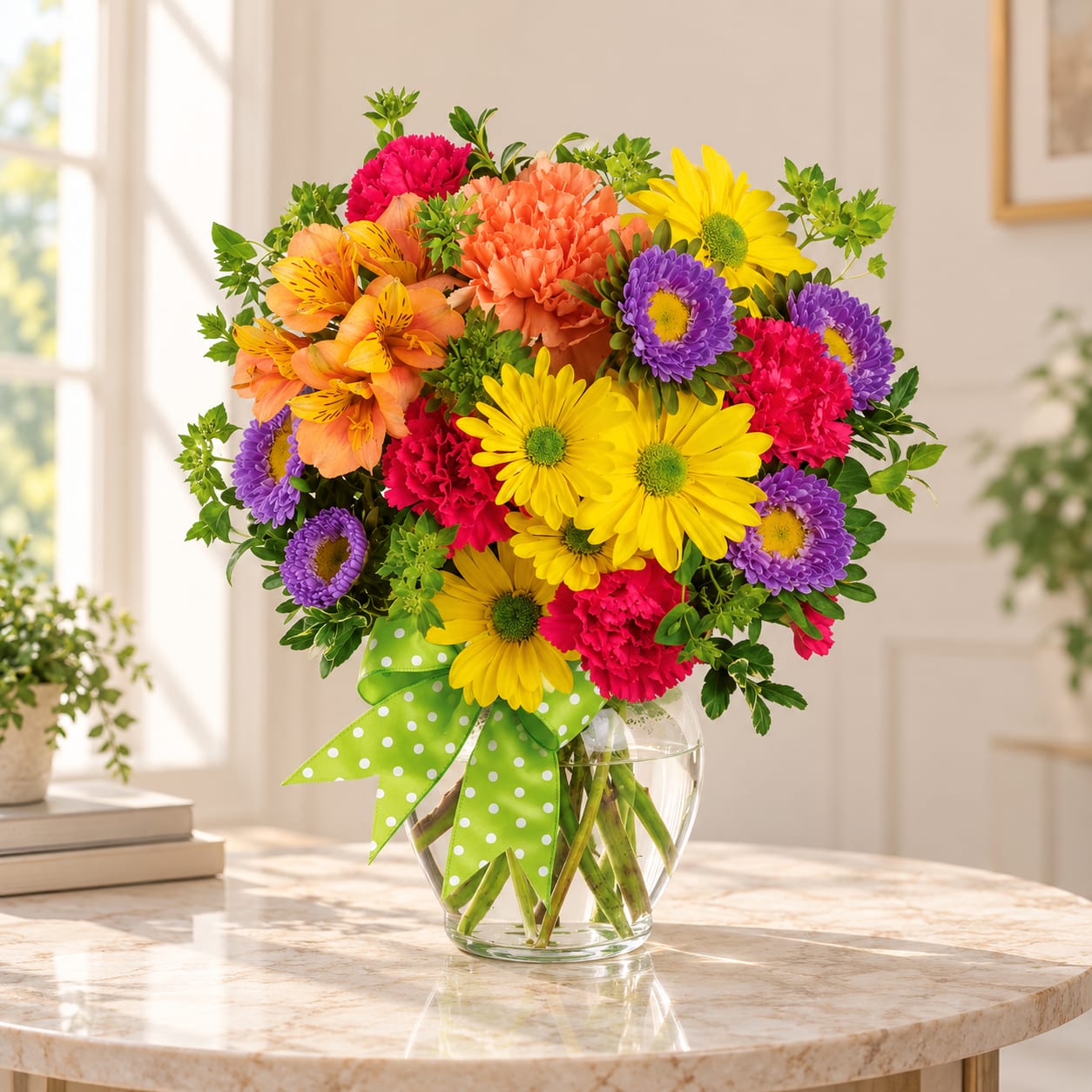 Colorful mixed bouquet in a clear glass vase with a green polka-dot ribbon