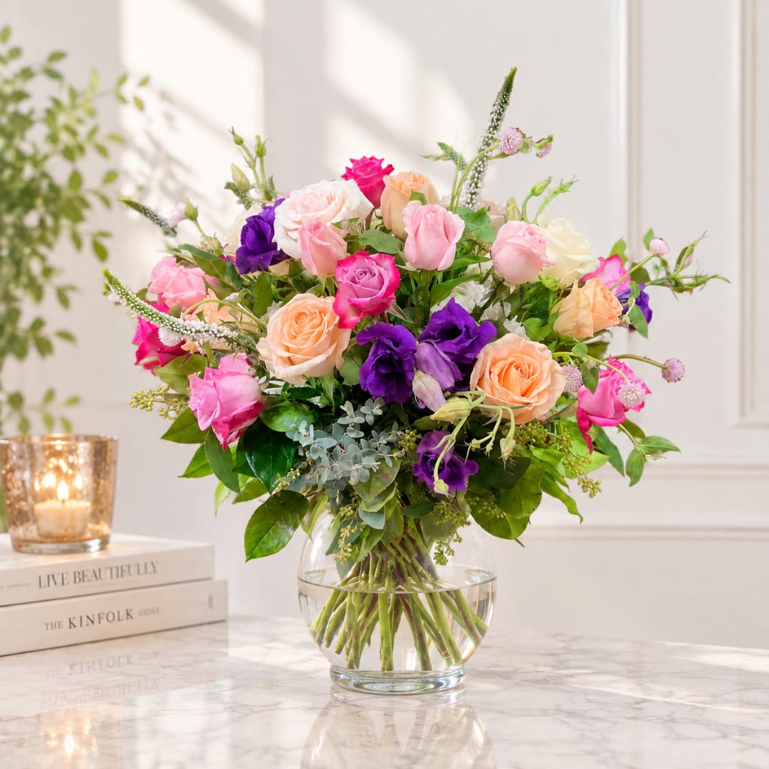 Mixed bouquet of pink, peach, purple, and white flowers in a glass vase
