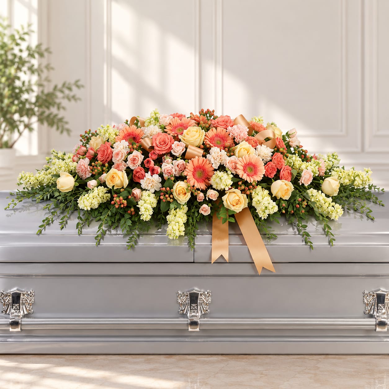 Large pastel floral arrangement on a silver casket with ribbon accents