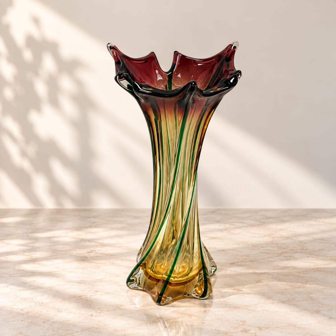 Tall multicolor glass vase with a flared ruffled rim