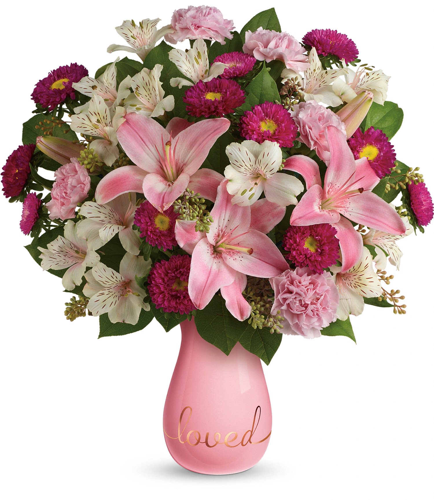 Always Loved Bouquet by Teleflora PM - Soft and sweet, this lovely bouquet of fragrant pink lilies and hot pink asters spoils them with Valentine's Day style! They'll adore the glazed pink ceramic vase adorned with golden "loved" script - and they'll adore you, too! 