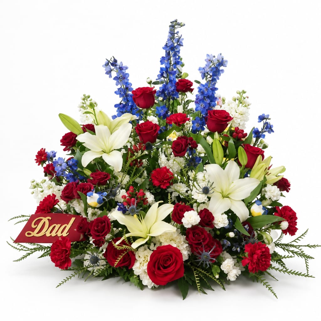 Red roses and white lilies with blue flowers in a low arrangement, with a "Dad" sign