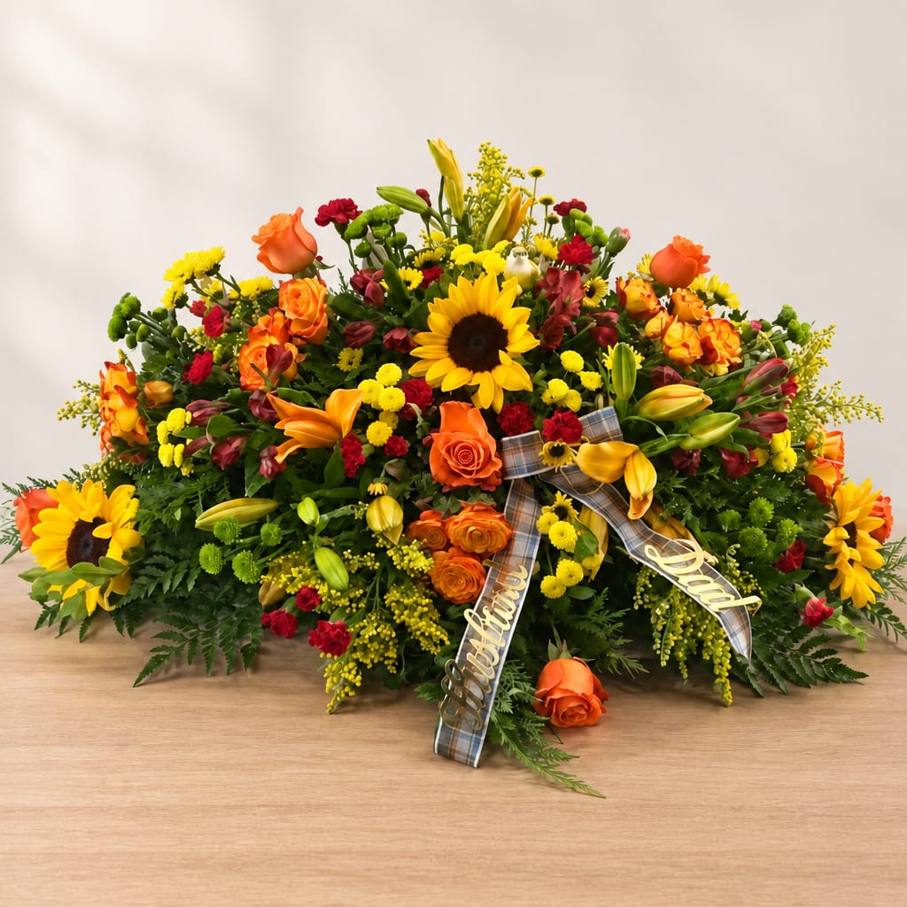 Large mixed bouquet with sunflowers, orange roses, and yellow lilies