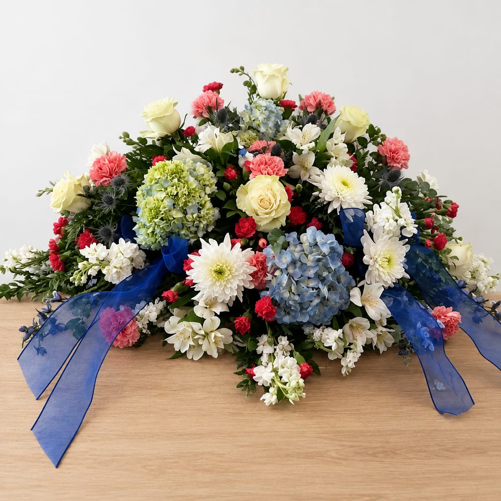Large floral arrangement with roses, hydrangeas, and daisies accented by blue ribbon
