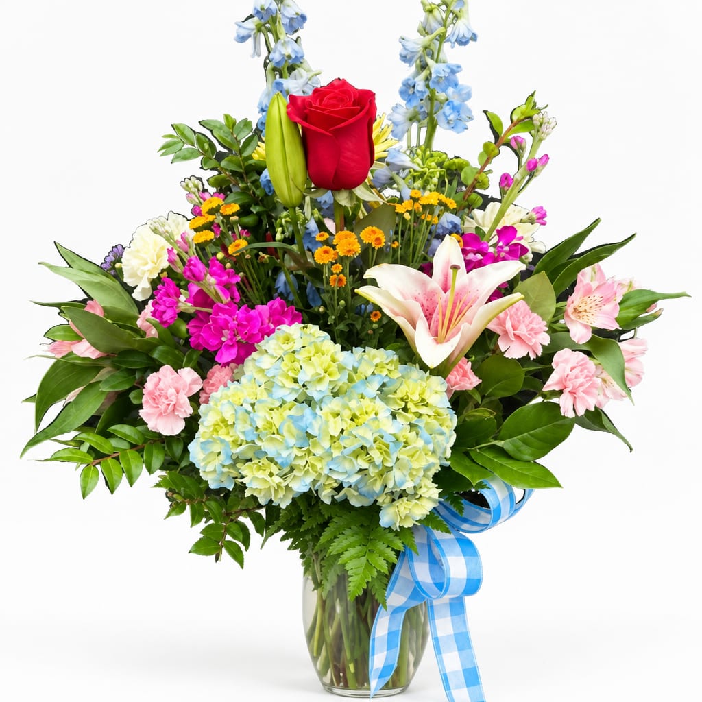 Mixed bouquet with red rose, lilies, hydrangea, and pink flowers in a glass vase