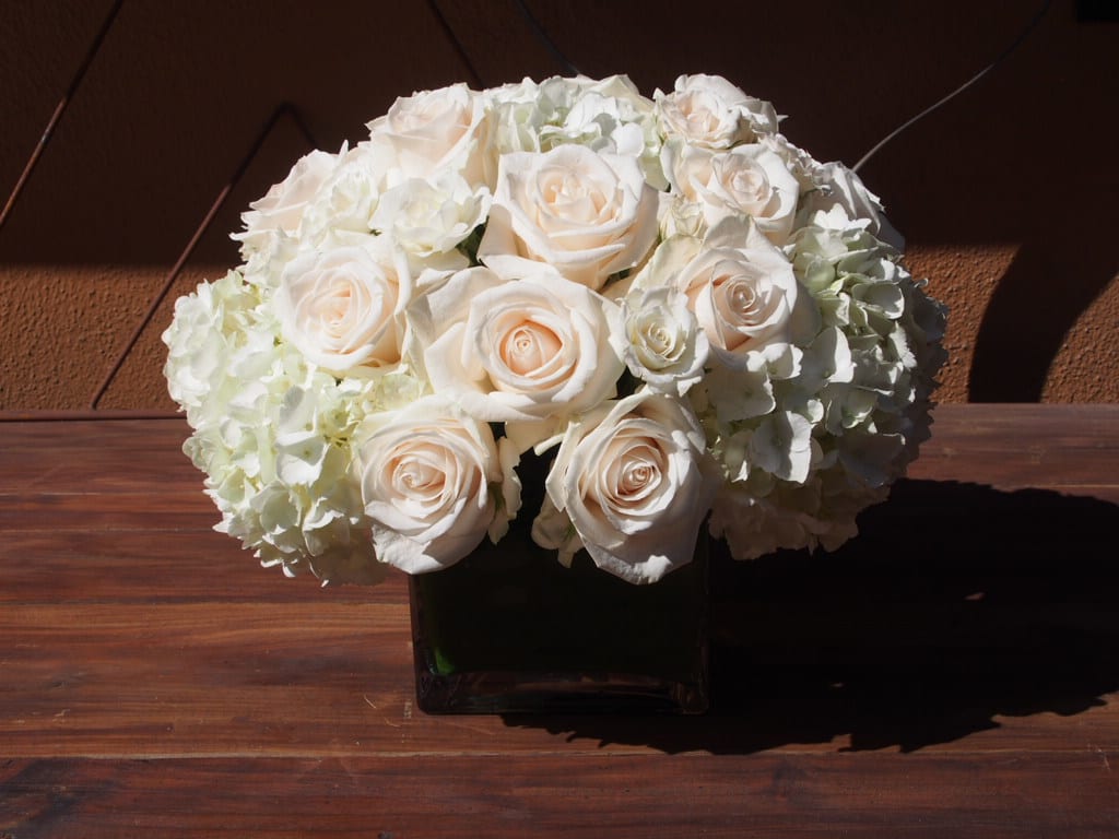 White roses and hydrangeas arranged in a square vase