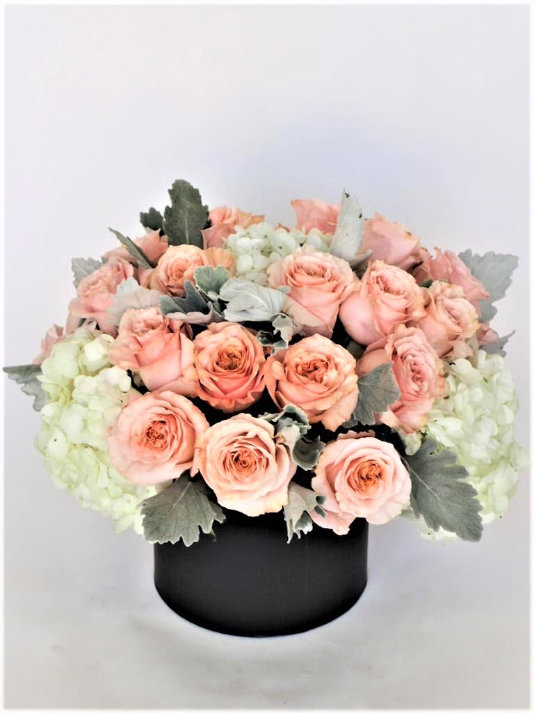 Peaches &amp; Cream  - Two dz. peach roses in a floral hat box. Greens may very according to seasons. 