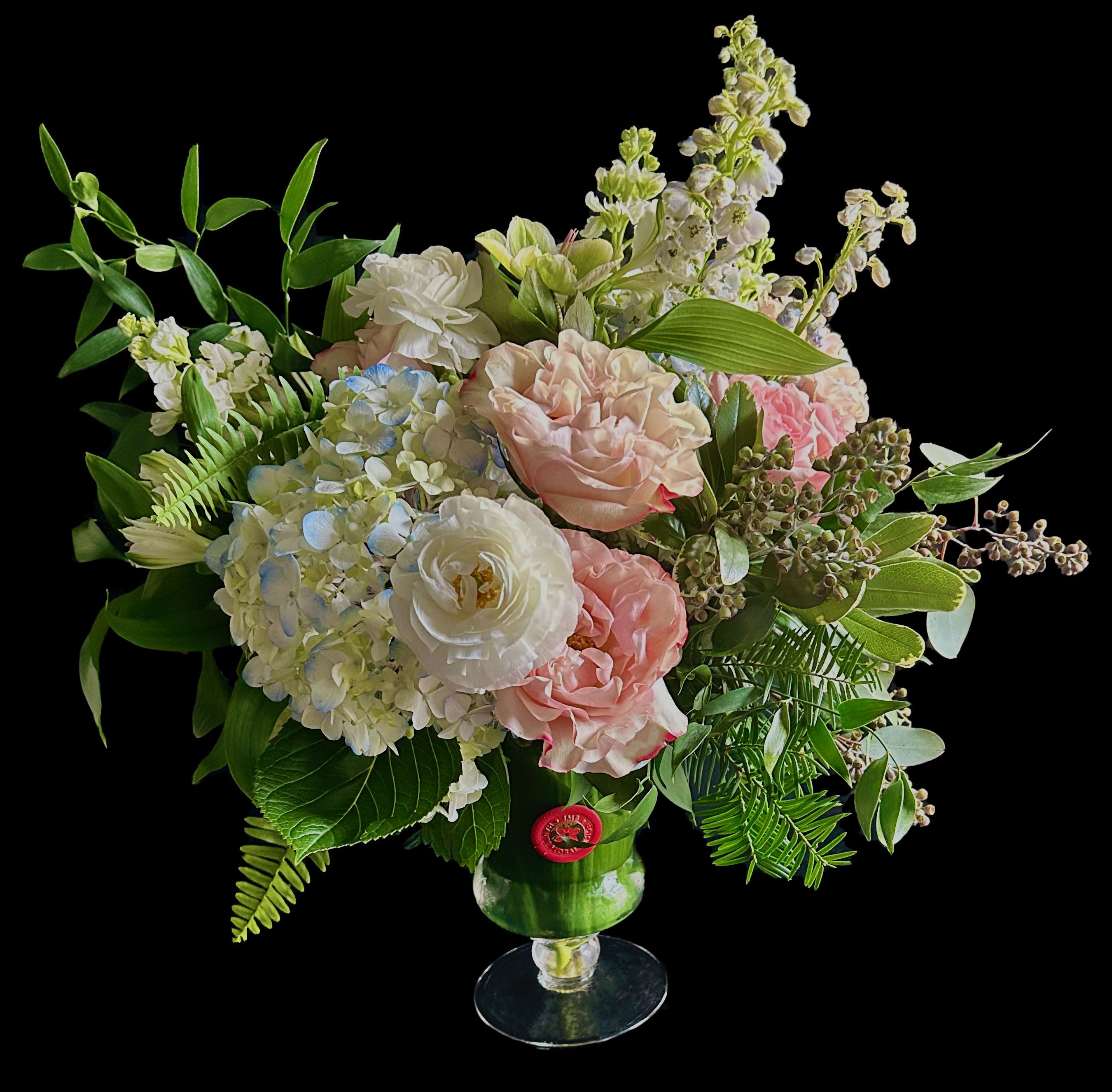 French Garden Style Arrangement - Tall garden style arrangement with premium seasonal blooms in your color palette of choice, flower count reflected on selected size. Aproximate measurement 19 in height x 16 in length.