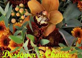 Orange orchid and autumn mums with eucalyptus foliage