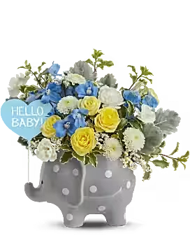 Hello Sweet Baby - Blue - Oh boy! Make baby's arrival feel as special as it is with this gorgeous bouquet of fresh blooms, delivered in a charming ceramic elephant keepsake.   Orientation: One-Sided