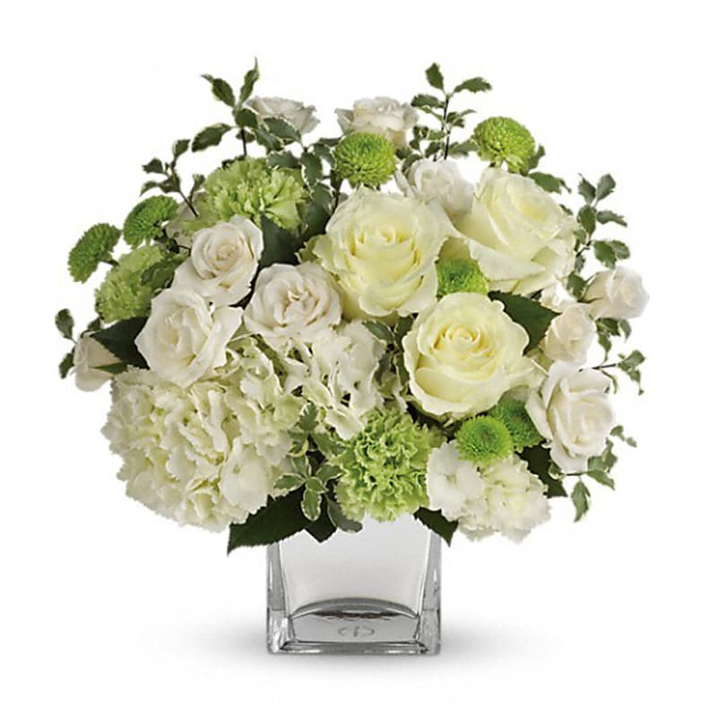 White roses and green pompons in a clear square vase