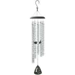 Metal wind chime with hanging tubes and a black clapper