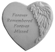 Heart-shaped memorial plaque with angel wings and the words Forever Remembered Forever Missed