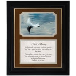 Framed memorial print with a bird over water and a poem panel